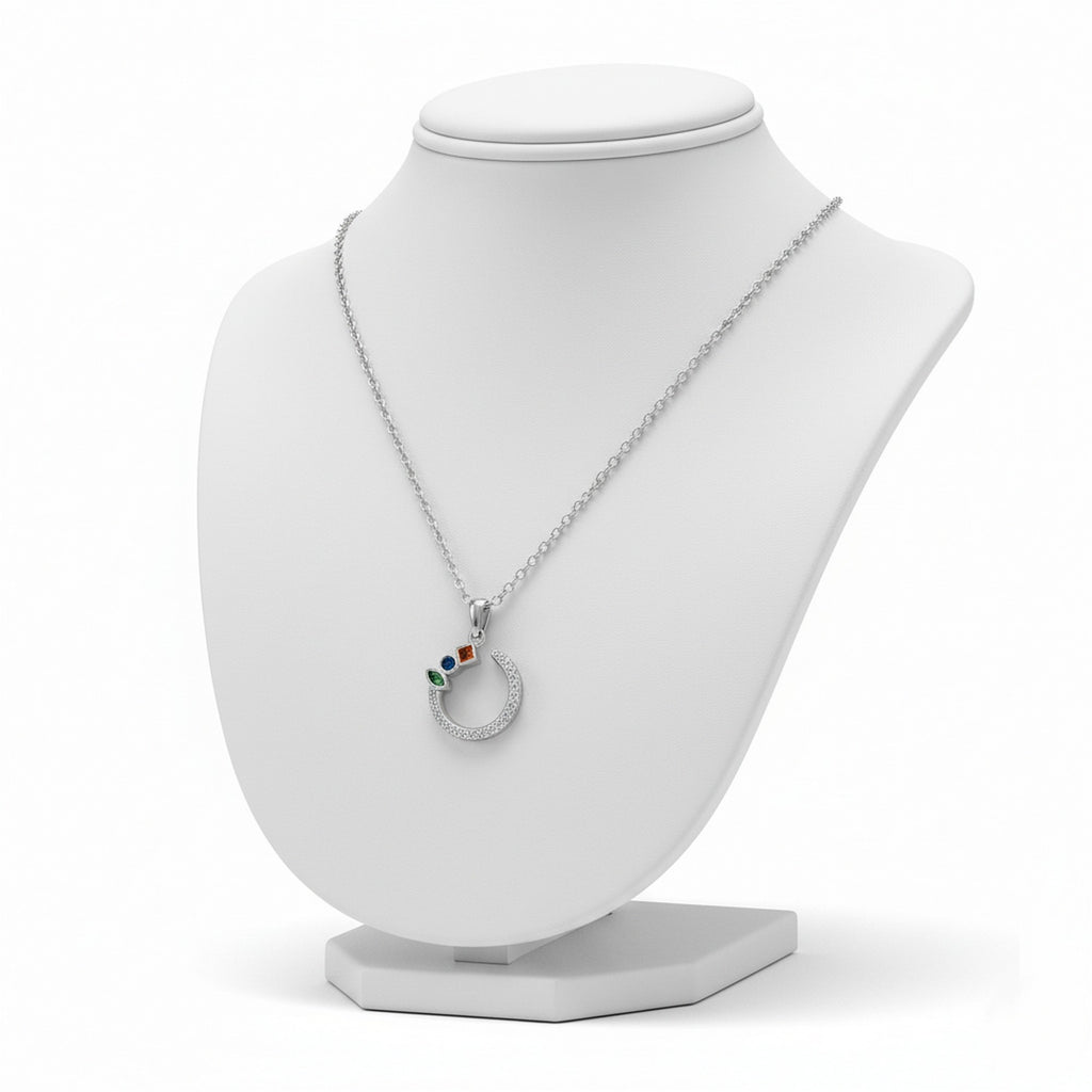 Sterling Silver 18" Abstract Half Circle Multi-Coloured & Clear Necklace 11656
