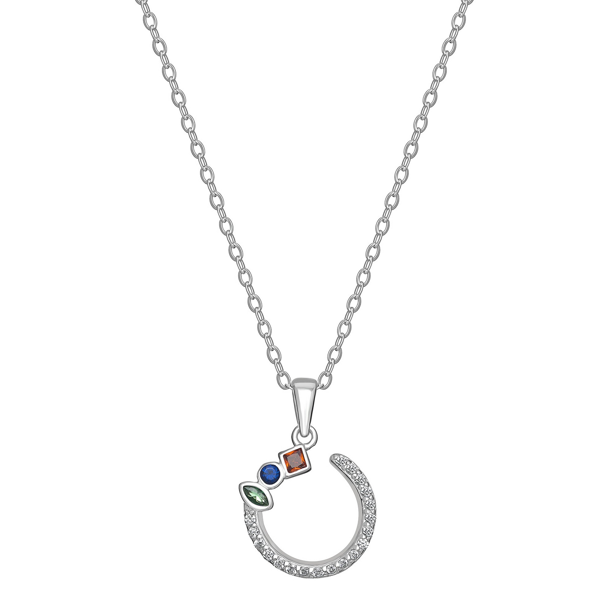 Sterling Silver 18" Abstract Half Circle Multi-Coloured & Clear Necklace KE-SN135C