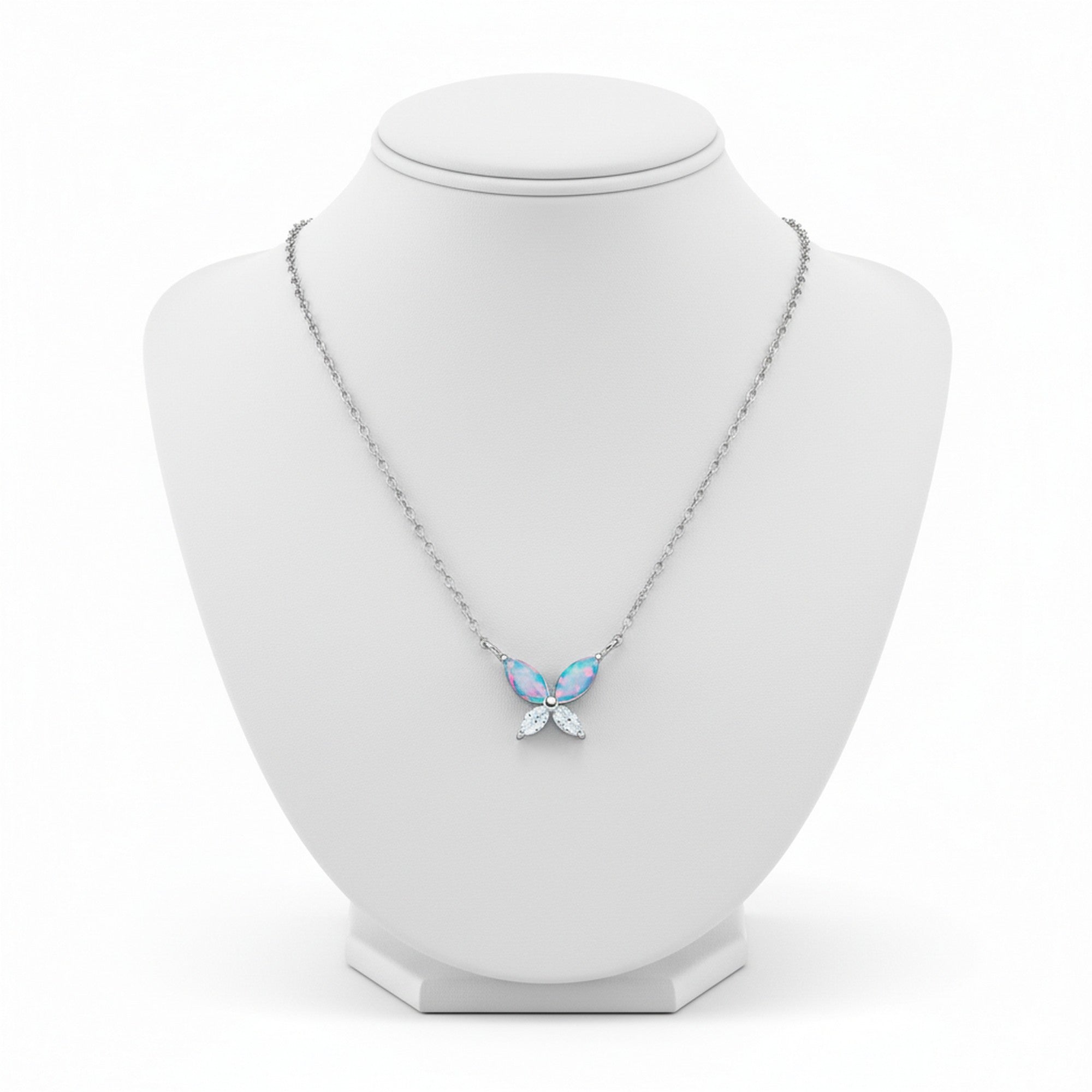 Sterling Silver 18" CZ Opal Butterfly Necklace KE-SN262B