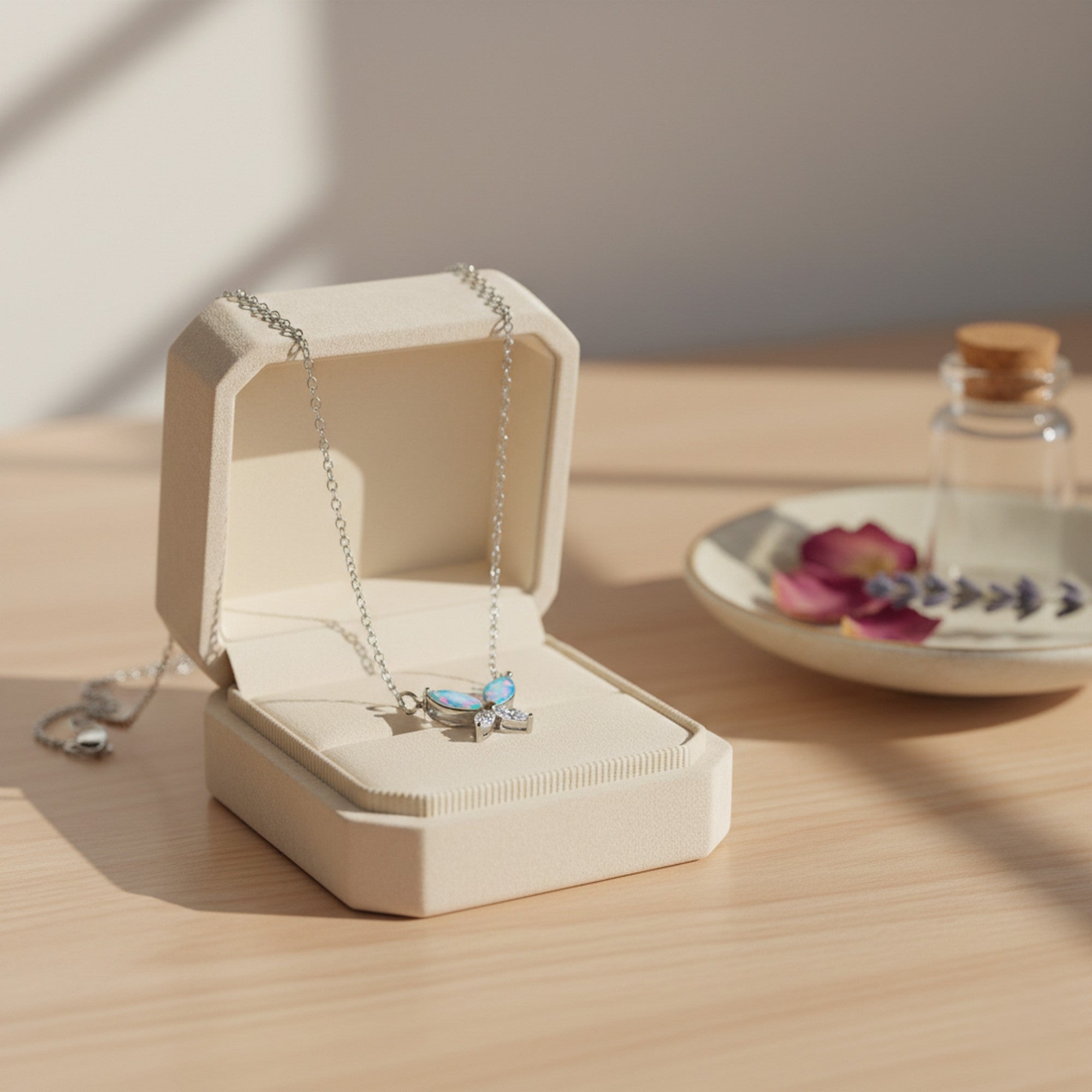 Sterling Silver 18" CZ Opal Butterfly Necklace KE-SN262B