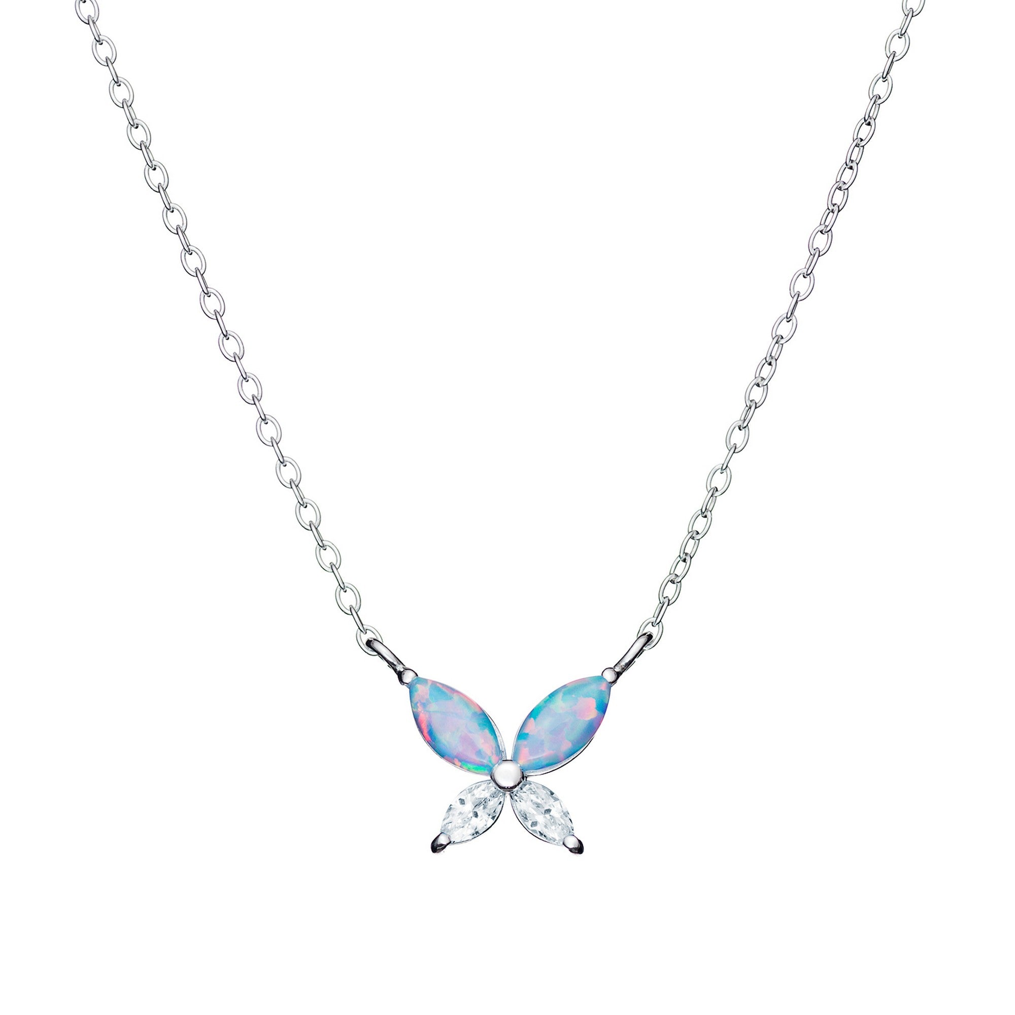 Sterling Silver 18" CZ Opal Butterfly Necklace KE-SN262B