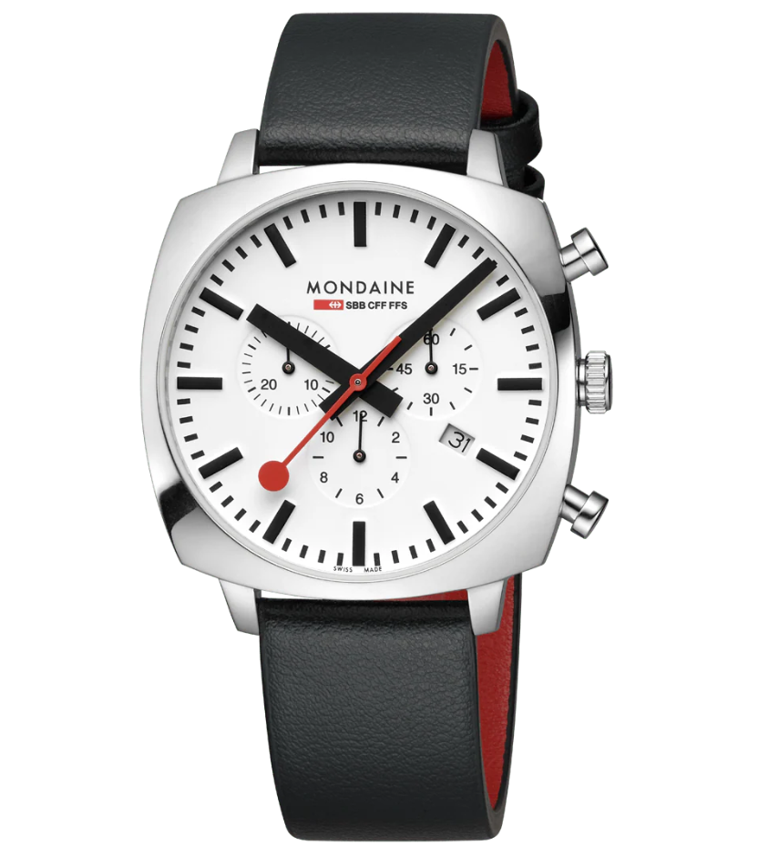 Mondaine Grand Cushion Chronograph (41mm) White Dial / Black Grape Leather Steel Mesh Set MSL.41410.LBV.SET