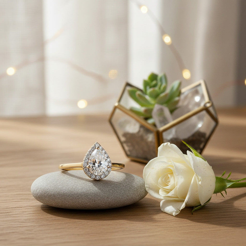 9ct Yellow Gold Pear Drop CZ Halo Ring TL-RN922