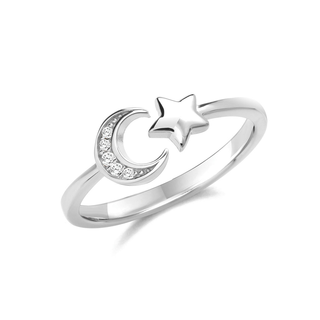 Sterling Silver Rhodium Plated Star & Moon Ring 9245