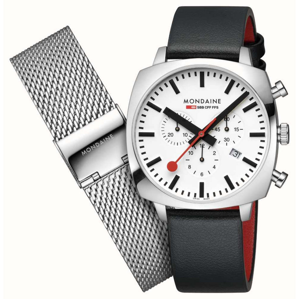 Mondaine Grand Cushion Chronograph (41mm) White Dial / Black Grape Leather Steel Mesh Set MSL.41410.LBV.SET