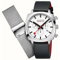 Mondaine Grand Cushion Chronograph (41mm) White Dial / Black Grape Leather Steel Mesh Set MSL.41410.LBV.SET