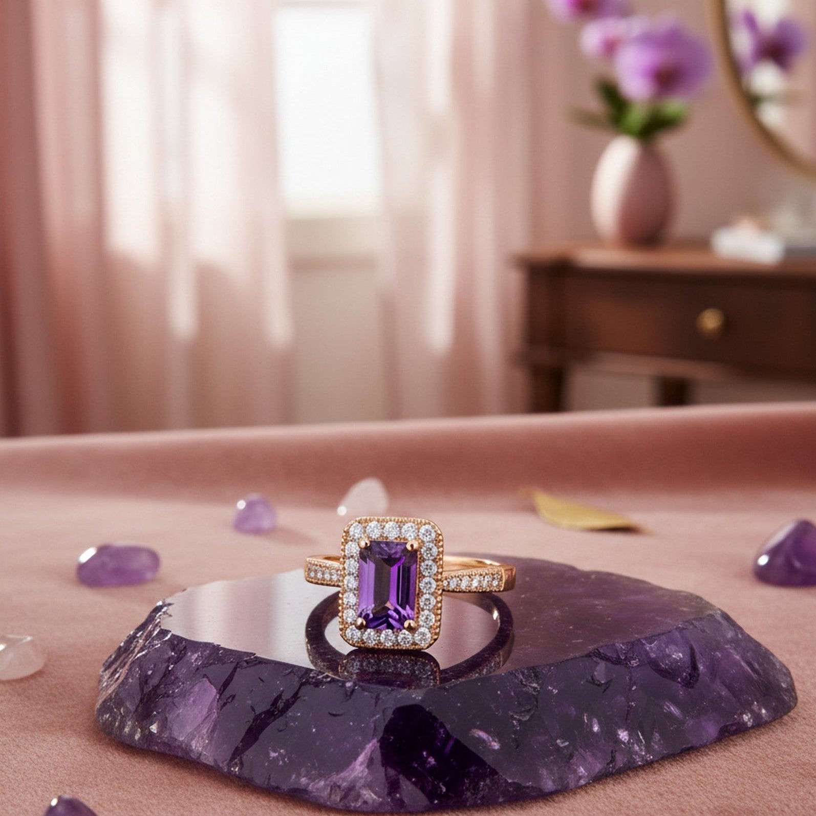 9ct Yellow Gold Emerald Cut Amethyst and Diamond Ring PN-NIAME789