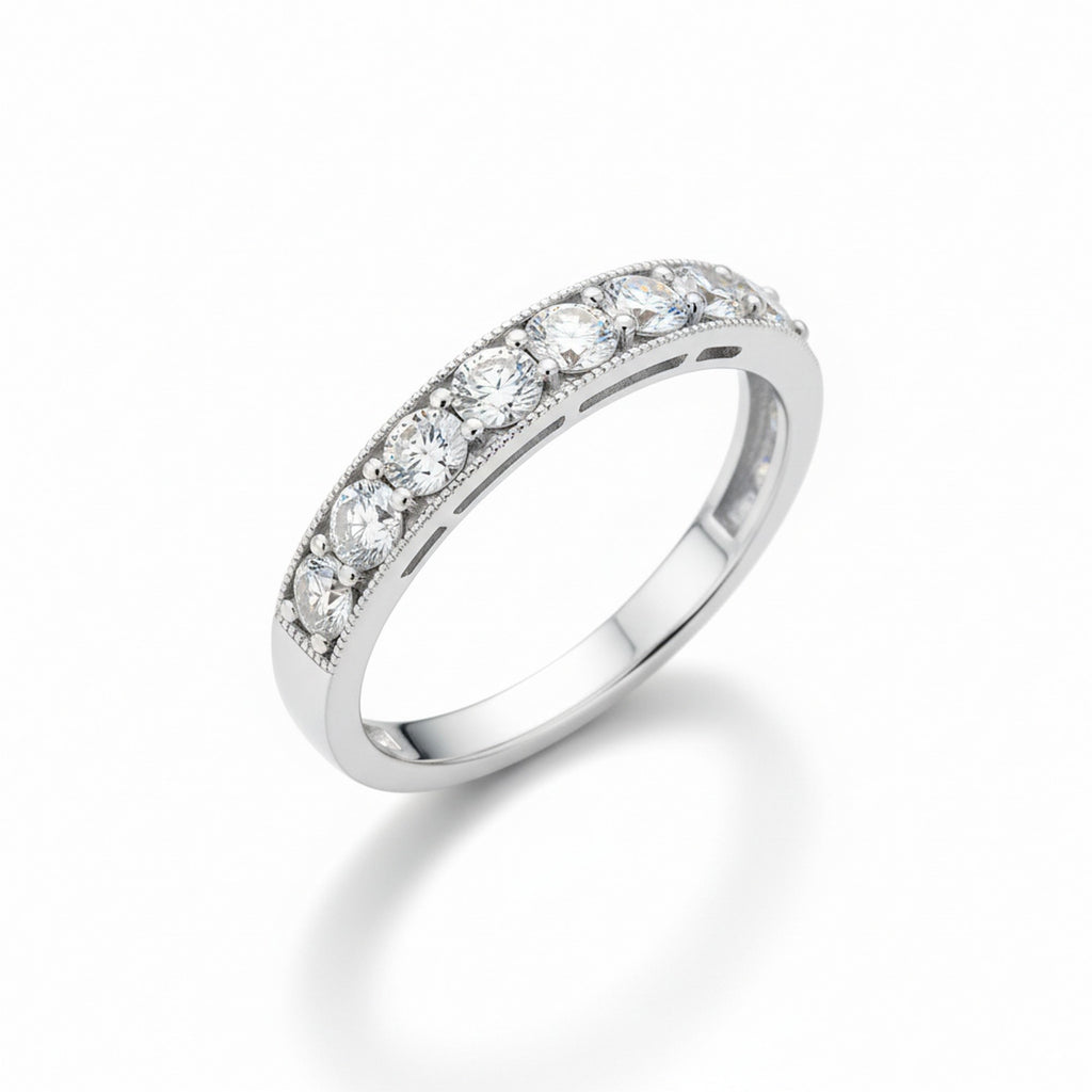 9ct White Gold Diamond (1.50ct) Grain Set, Half Eternity Ring with Millgrain Edge R9106A