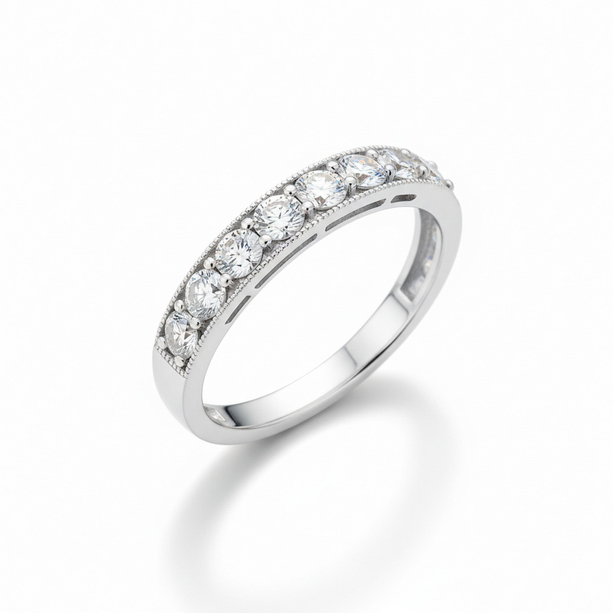 9ct White Gold Diamond (1.50ct) Grain Set, Half Eternity Ring with Millgrain Edge R9106A