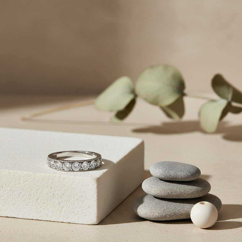 9ct White Gold Diamond (1.50ct) Grain Set, Half Eternity Ring with Millgrain Edge R9106A