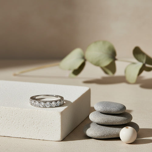 9ct White Gold Diamond (1.50ct) Grain Set, Half Eternity Ring with Millgrain Edge 11087