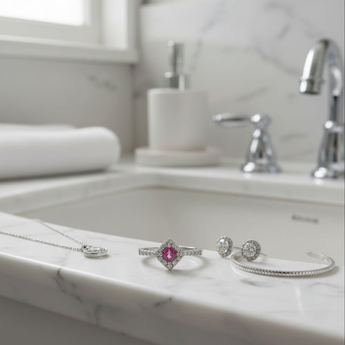 18ct White Gold Diamond Cluster with Ruby Centre Stone UK1075