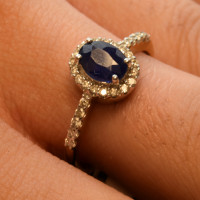 9ct Yellow Gold Pave Set Sapphire & 0.20ct Diamond Oval Halo Ring DSR763YWIT