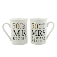 50th Anniversary Gift Set of 2 China Mugs 'Mr Right & Mrs Always Right'